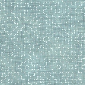 Sashiko Crosses on Blue Jade (large scale) | Hand stitched squares, Japanese sashiko stitching in ivory on blue gray linen texture, pale aqua, boho kantha quilt, watery blue rustic square pattern.