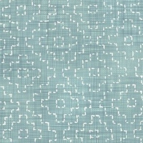 Sashiko Crosses on Blue Jade (xl scale) | Hand stitched squares, Japanese sashiko stitching in ivory on blue gray linen texture, pale aqua, boho kantha quilt, watery blue rustic square pattern.