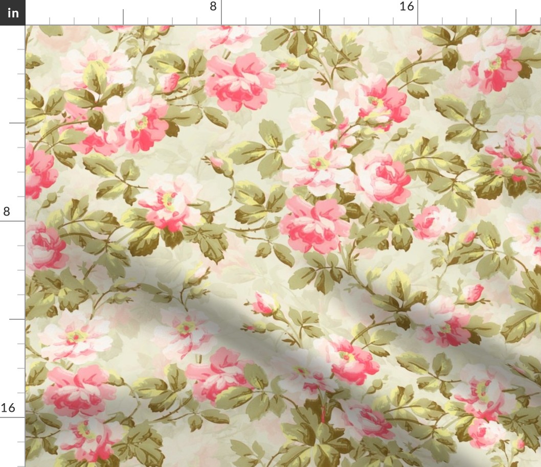 Antiqued Hand Painted June Roses in pink on light green - triple layer