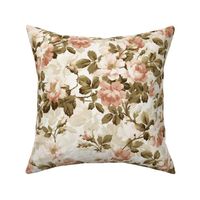 Antiqued Hand Painted June Roses in sepia brown pink on white - triple layer