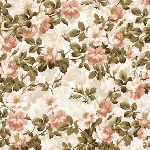 Antiqued Hand Painted June Roses in sepia brown pink on white - triple layer