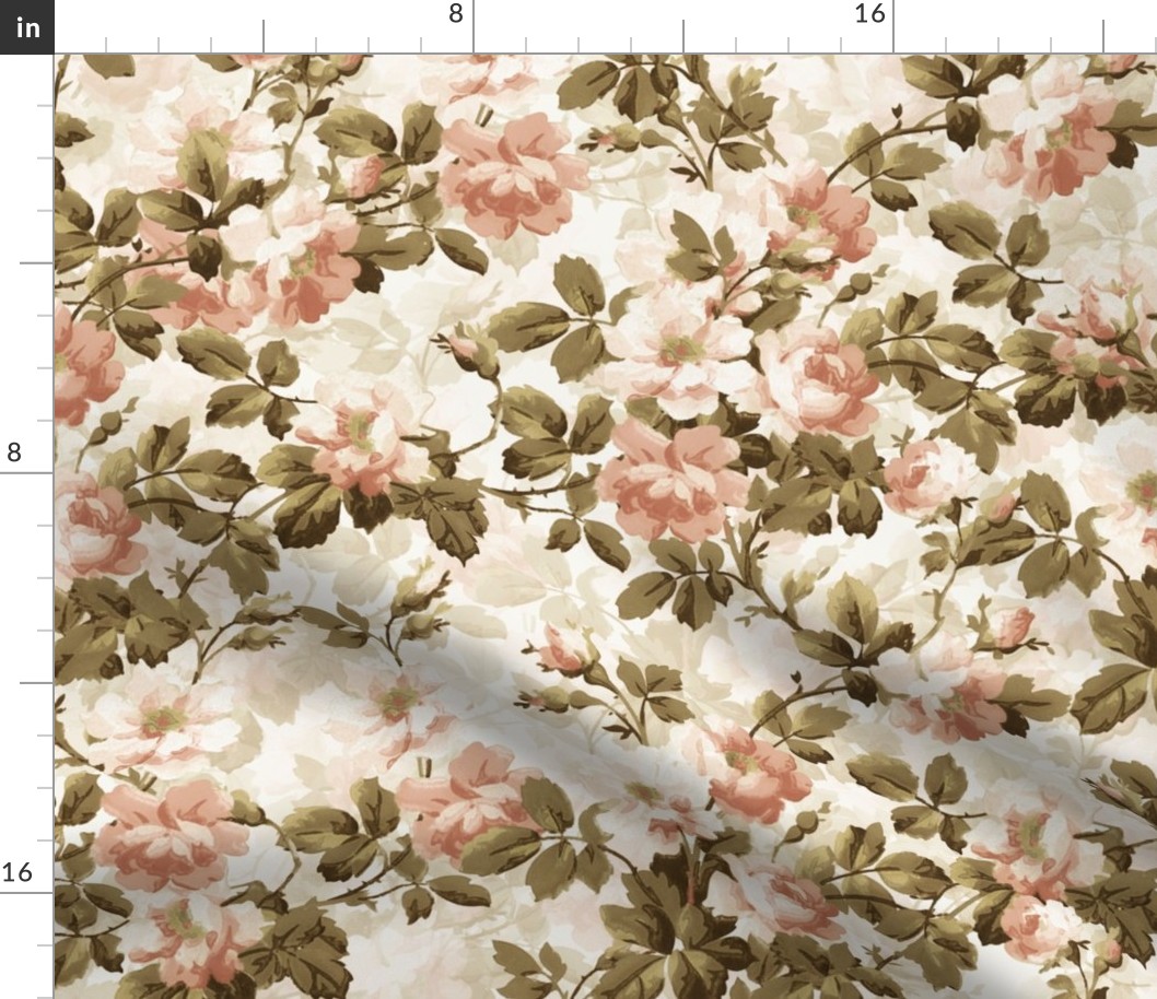 Antiqued Hand Painted June Roses in sepia brown pink on white - triple layer