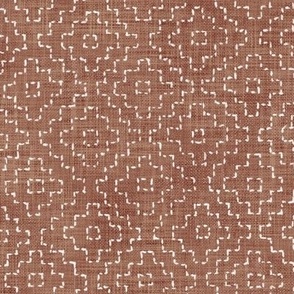 Sashiko Crosses on Rust (large scale) | Hand stitched squares, Japanese sashiko stitching in white on deep terracotta linen texture, boho kantha quilt, earthy terra-cotta rustic square pattern.