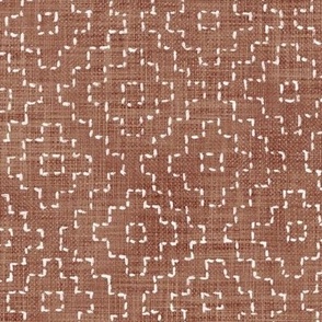 Sashiko Crosses on Rust (xl scale) | Hand stitched squares, Japanese sashiko stitching in white on deep terracotta linen texture, boho kantha quilt, earthy terra-cotta rustic square pattern.