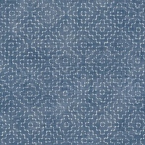 Sashiko Crosses on Denim Blue | Hand stitched squares, Japanese sashiko stitching in white on denim linen texture, blue and white, boho kantha quilt, rustic denim square pattern.