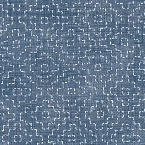 Sashiko Crosses on Denim Blue (large scale) | Hand stitched squares, Japanese sashiko stitching in white on denim linen texture, blue and white, boho kantha quilt, rustic denim square pattern.