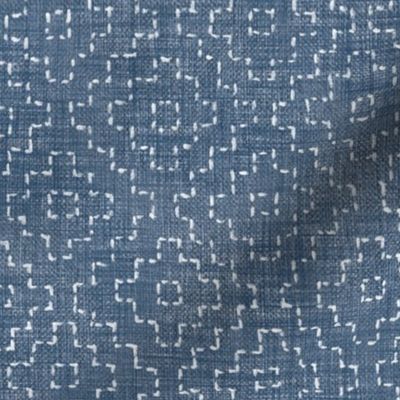 Sashiko Crosses on Denim Blue (xl scale) | Hand stitched squares, Japanese sashiko stitching in white on denim linen texture, blue and white, boho kantha quilt, rustic denim square pattern.