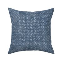 Sashiko Crosses on Denim Blue (xl scale) | Hand stitched squares, Japanese sashiko stitching in white on denim linen texture, blue and white, boho kantha quilt, rustic denim square pattern.