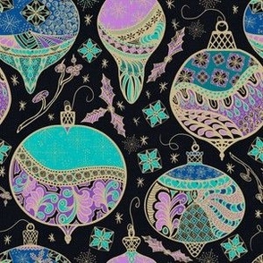 cocktail Christmas handdrawn baubles violet lavender and turquoise on black linen effect small