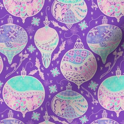 Cocktail Christmas handdrawn baubles kitschy pink and turquoise on purple linen