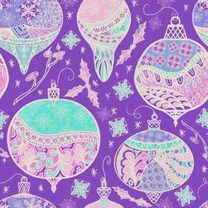 Cocktail Christmas handdrawn baubles kitschy pink and turquoise on purple linen