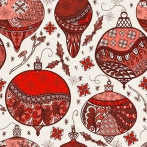 cocktail Christmas handdrawn Christmas baubles in retro colours, red and brown on white linen small