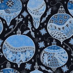 Handdrawn Christmas baubles in denim blue,grey on black linen effect