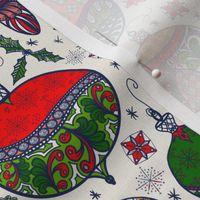 Retro Handdrawn multicoloured Christmas ornament baubles on linen effect red, green, orange, grey