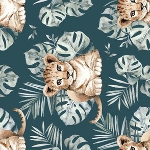 Medium Scale / Baby Lion / Teal Background / Rotated