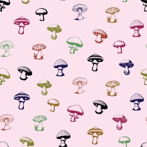 Colorful Mushrooms on Solid Pink Background