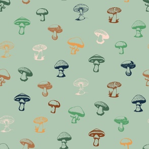 Colorful Mushrooms on Solid Green Background