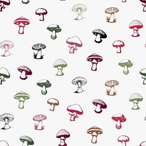 Colorful Mushrooms on Solid Off-White Background