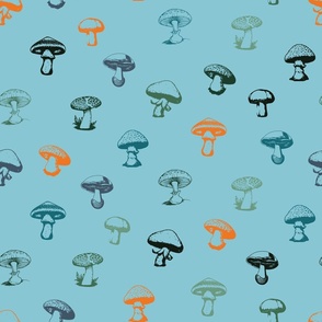 Colorful Mushrooms on Solid Blue Background