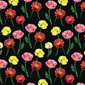 Watercolor Poppy Botanical on Black, Dark Floral Wallpaper, Poppies