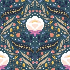 Floral Botanical Pink Flowers Yellow Green Navy Teal Leaves Vines