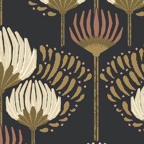 1920 Blossom Floral Wallpaper - Black, Cream, Gold, Terra Cotta - Jumbo