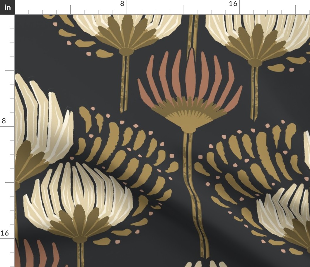 1920 Blossom Floral Wallpaper - Black, Cream, Gold, Terra Cotta - Jumbo