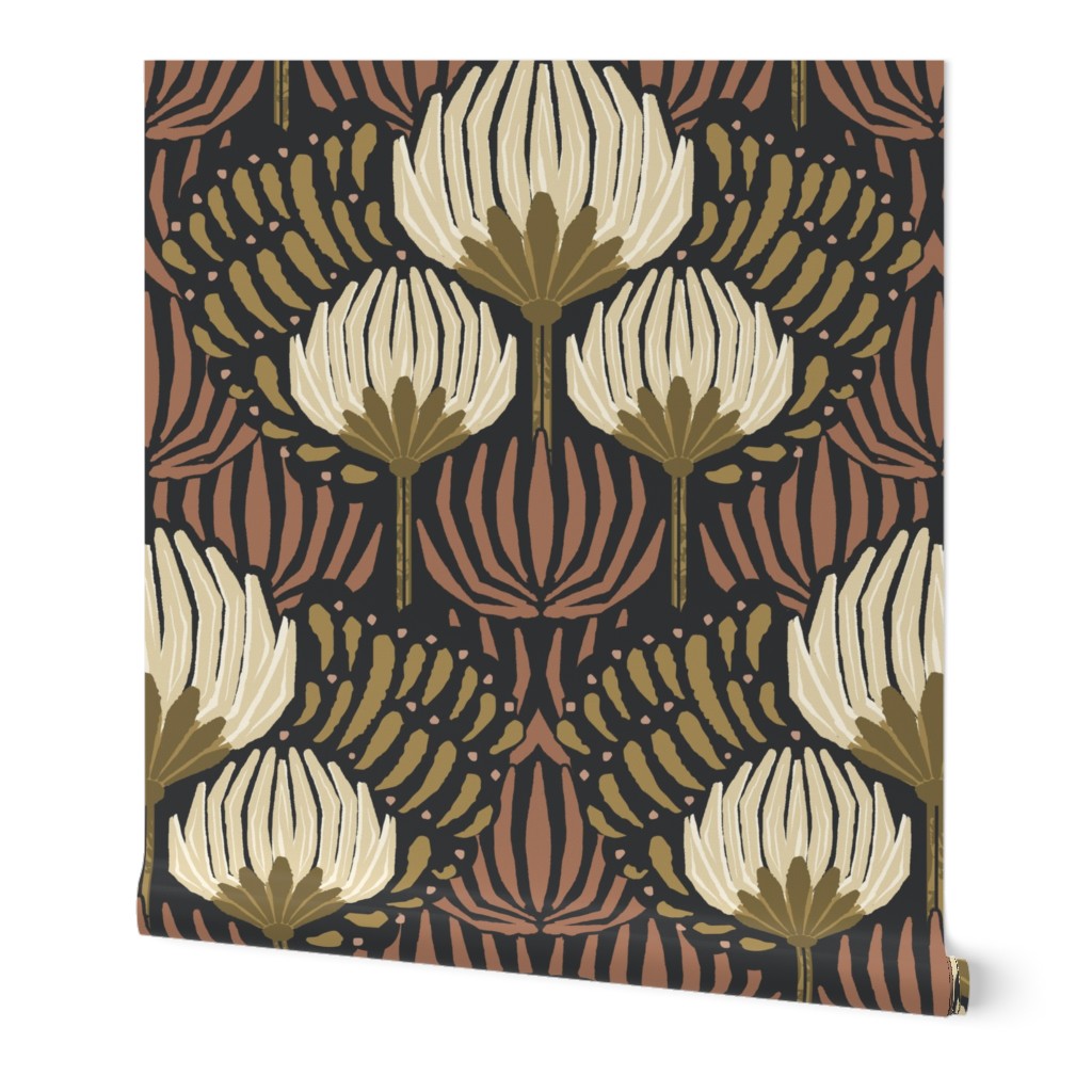 1920s Luxury Deco Floral  - Black, Cream, Gold, Terra Cotta - Jumbo