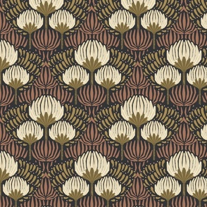 1920s Luxury Deco Floral  - Black, Cream, Gold, Terra Cotta - Medium