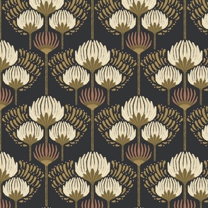 1920 Blossom Floral Wallpaper - Black, Cream, Gold, Terra Cotta - Medium