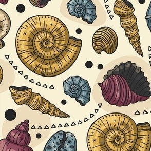 Seashells, Beachside Background / Mid-Century Muted Colors Version / Medium Scale