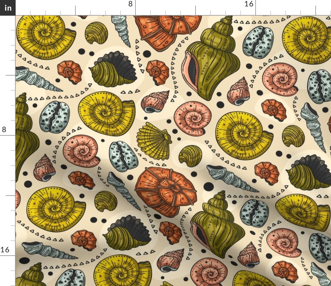 Seashells, Beachside Background / Mid-Century Warm Colors Version / Medium Scale