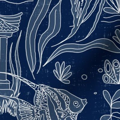 angelfish aquarium toile navy blue