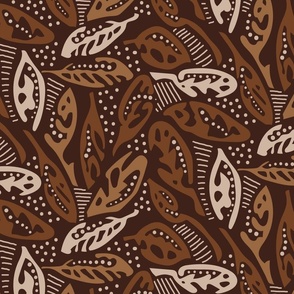 Earth Tone Brown Tribal Tossed Leaves and Dots Medium Scale