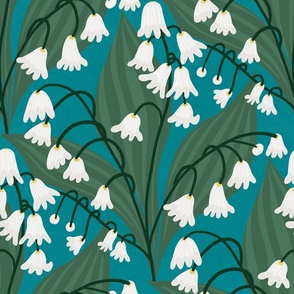 Vibrant Lily of the Valley - Hand Drawn on a Teal Background - Large - 20x20