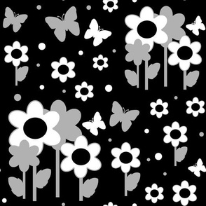 Black White Foral Butterfly Garden