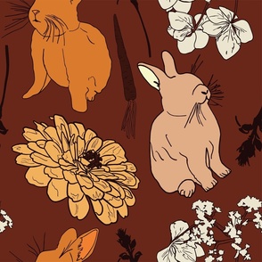 Bunnies and Flower Blossoms, Jumbo Scale - Burgundy, Orange, Cream