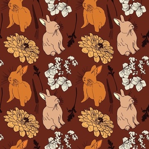 Bunnies and Flower Blossoms, Med Scale - Burgundy, Orange, Cream