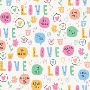 Small - LOVE - Cute Letters and Word Bubbles - Sweet Valentine's Day - XOXO Love You Muah - Ivory, Pink, Green, Blue, Yellow