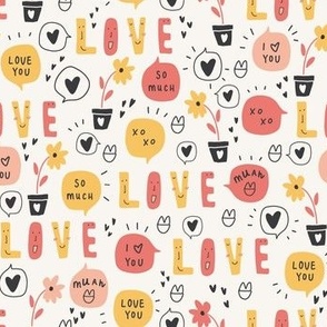 Small - LOVE - Cute Letters and Word Bubbles - Sweet Valentine's Day - XOXO Love You Muah - Red, Black, Yellow, Ivory