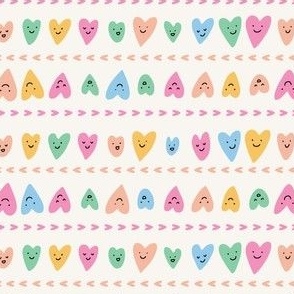 Small - Cute smiling hearts  - Horizontal stripes  - Happy hearts - Ivory x Blue x Pink x Yellow - Valentine's Day