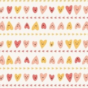 Small - Cute smiling hearts  - Horizontal stripes  - Happy hearts - Ivory x Red x Yellow - Valentine's Day