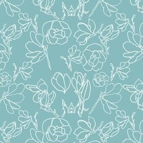 One line flower, blue and white, floral magnolias, spring flowers, minimalistic 
