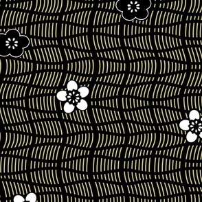 Large Japanese Cherry Blossom Wavy Lines Black