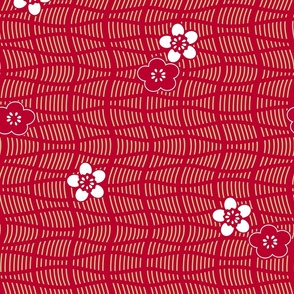 Large Japanese Cherry Blossom Wavy Lines Japan Red Gold