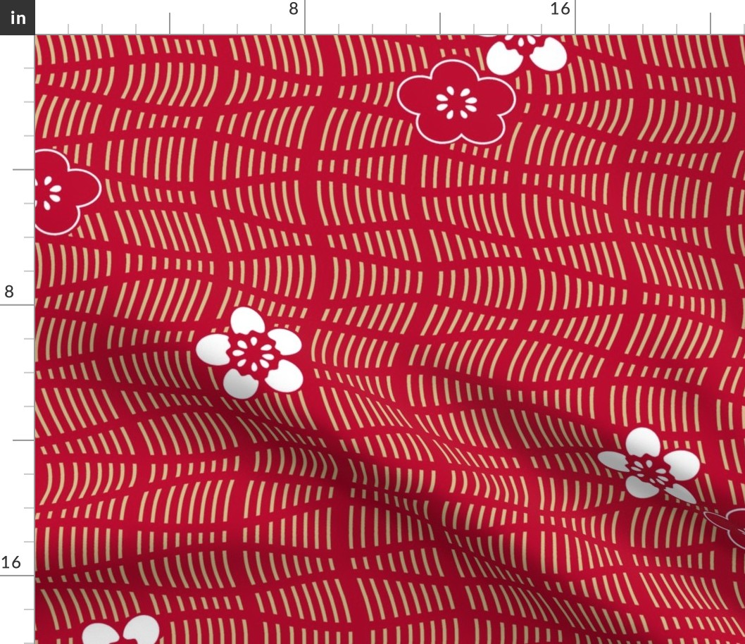 Large Japanese Cherry Blossom Wavy Lines Japan Red Gold