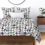 523 - Large scale muted teal, purple and taupe abstract mod geometric chequerboard, featuring circles, triangles, crosses and squiggly shapes for curtains, wallpaper, cushions and avant-garde fashions