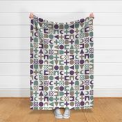 523 - Large scale muted teal, purple and taupe abstract mod geometric chequerboard, featuring circles, triangles, crosses and squiggly shapes for curtains, wallpaper, cushions and avant-garde fashions