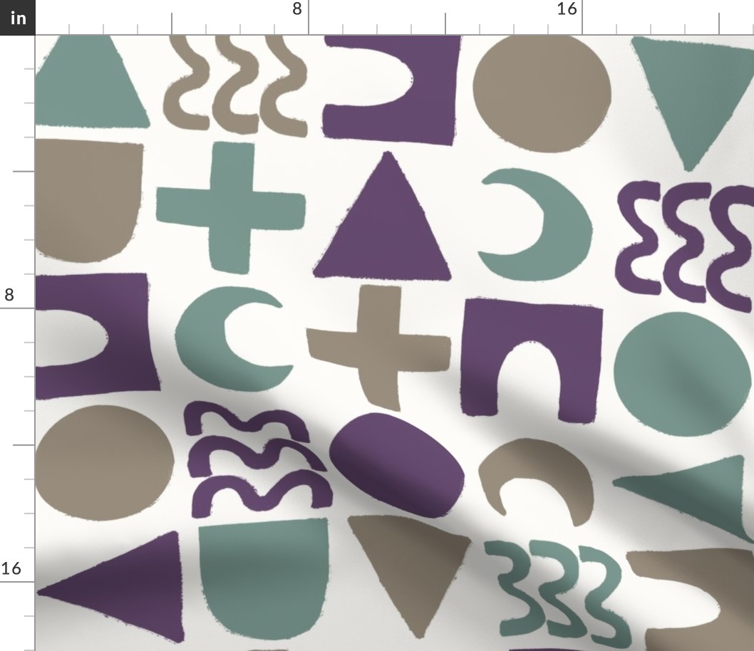 523 - Large scale muted teal, purple and taupe abstract mod geometric chequerboard, featuring circles, triangles, crosses and squiggly shapes for curtains, wallpaper, cushions and avant-garde fashions