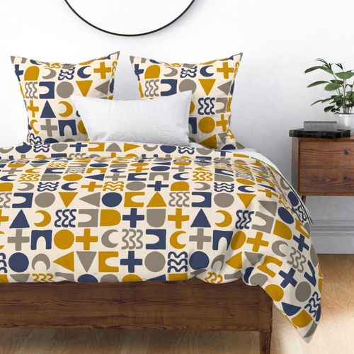 523 - Large scale zingy mustard, navy blue and grey abstract mod geometric chequerboard, featuring circles, triangles, crosses and squiggly shapes for curtains, wallpaper, cushions and avant-garde fashions